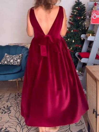 Velvet Backless Bow Midi Dress