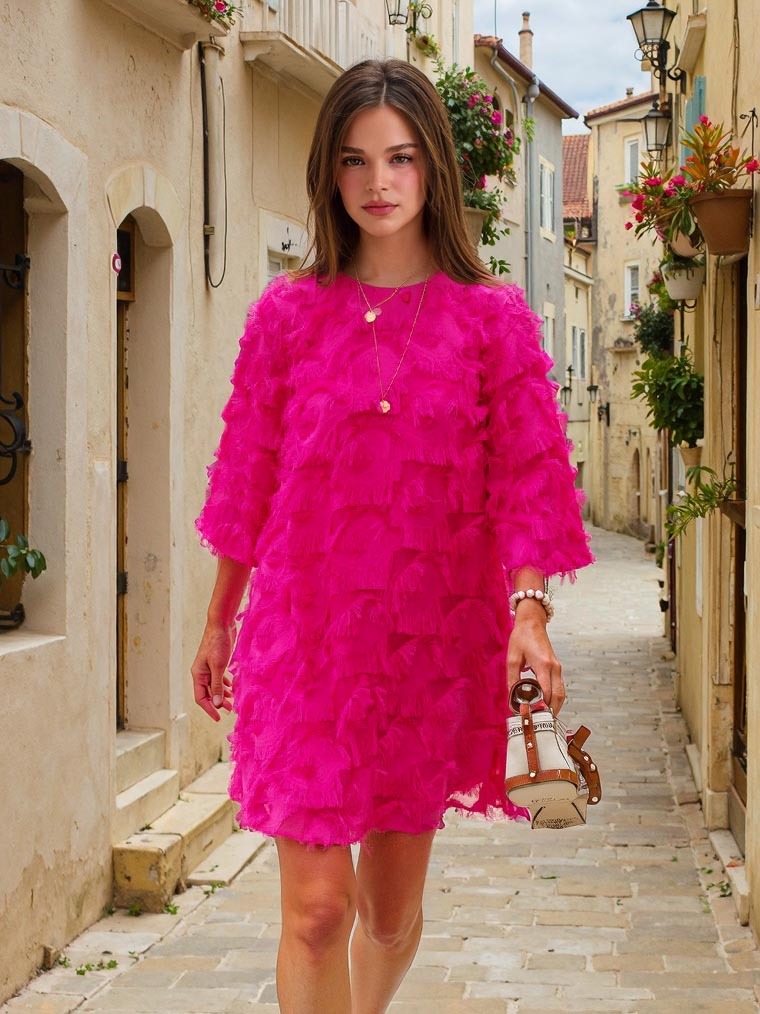 Elegant Fringed Mid-length Sleeve Mini Dress