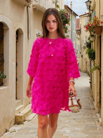 Elegant Fringed Mid-length Sleeve Mini Dress