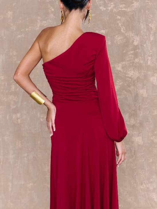 Off-shoulder Single-sleeve Front Slit Maxi Dress