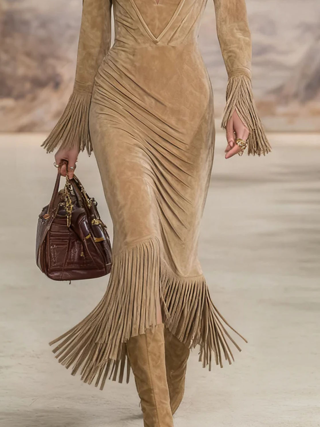 Exquisite V-neck Tassel Suede Slim-fit Midi Dress