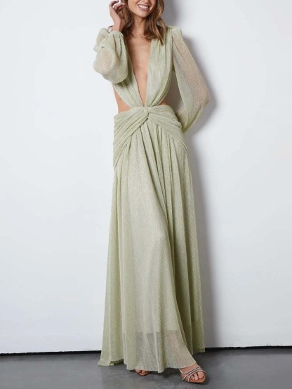 Elegant Deep V Neck Cutout Pleated Maxi Dress