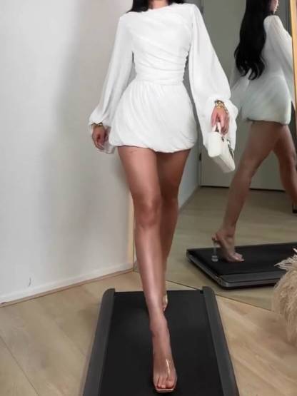 Pleated Design Long Sleeve Mini Dress