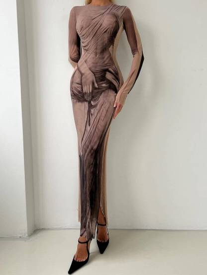 Printed Side Slit Long-Sleeved Maxi Dress