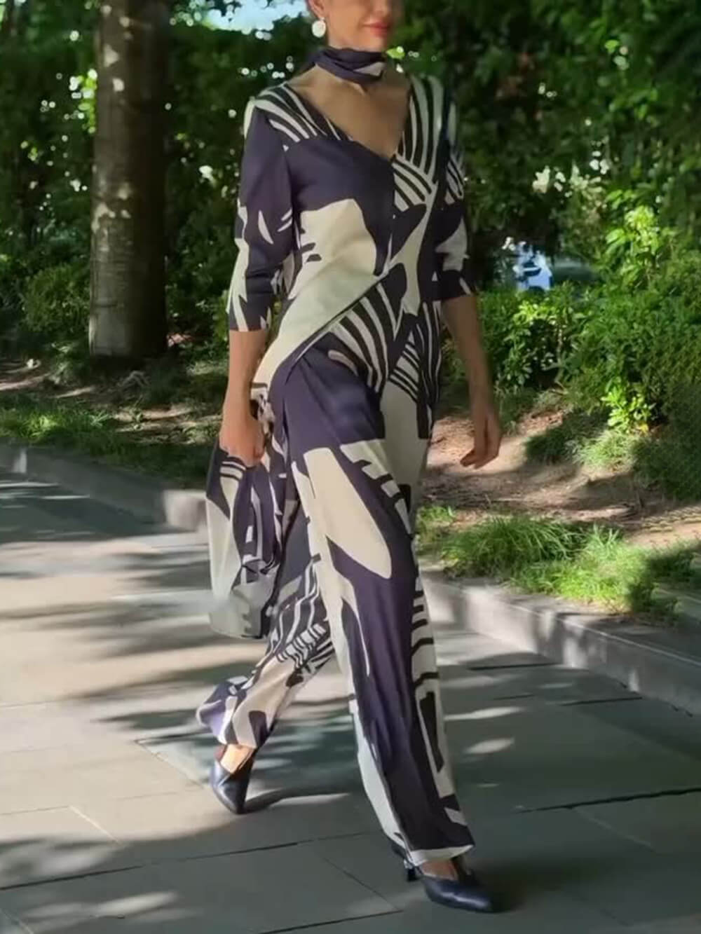 Modern Geometric Print Slit Midi Shirt