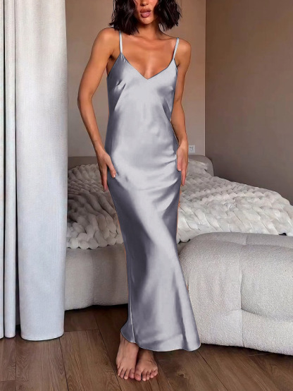 Elegant V-neck Suspender Satin Maxi Dress