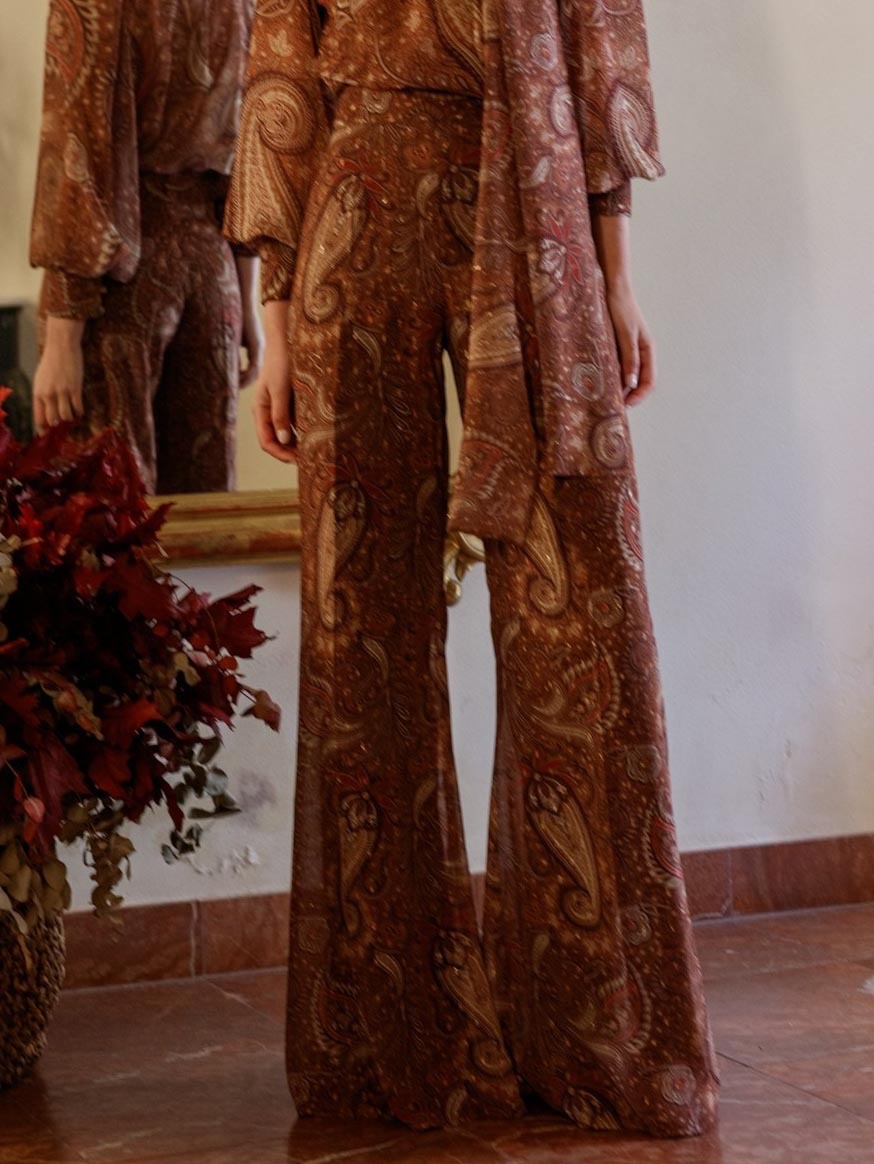 Retro Paisley Print Slim-Fit Wide-Leg Pants