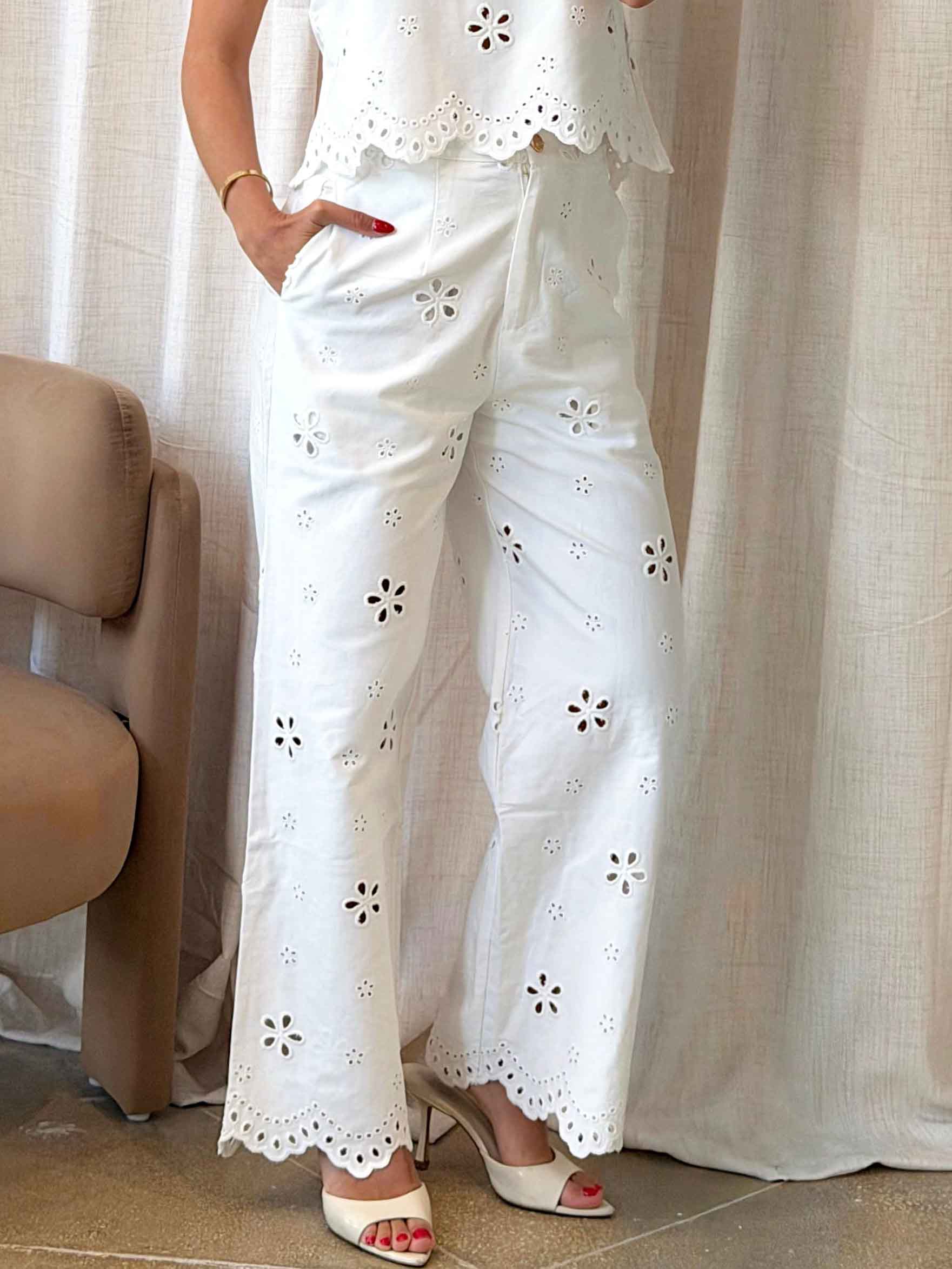 Casual Eyelet Embroidered Crop Top & Wide Leg Pants Two-Piece Set