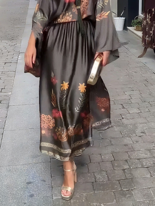 Exquisite Floral-Print Satin Long-Sleeved Top