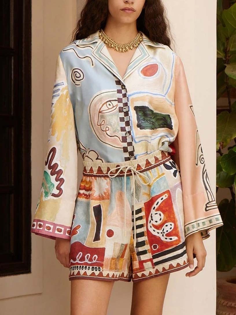 Unique Painted Print Long-sleeved Shorts Two-piece Set