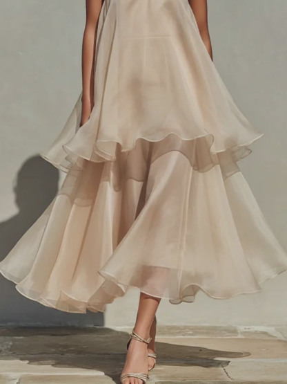 Elegant Spaghetti Strap Tiered Ruffle Flowy Maxi Dress