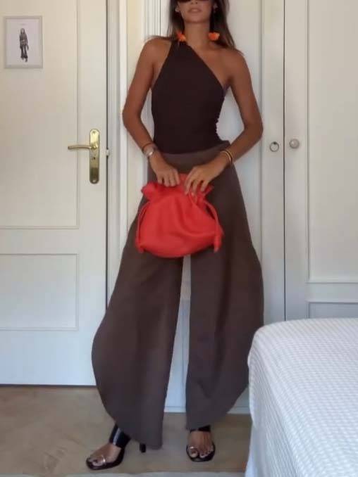 Oblique Collar Off-shoulder bodysuits And Side Slits Wide Leg Pants Suit- Pants