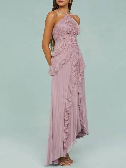 Halter Neck Pleated Backless Dress