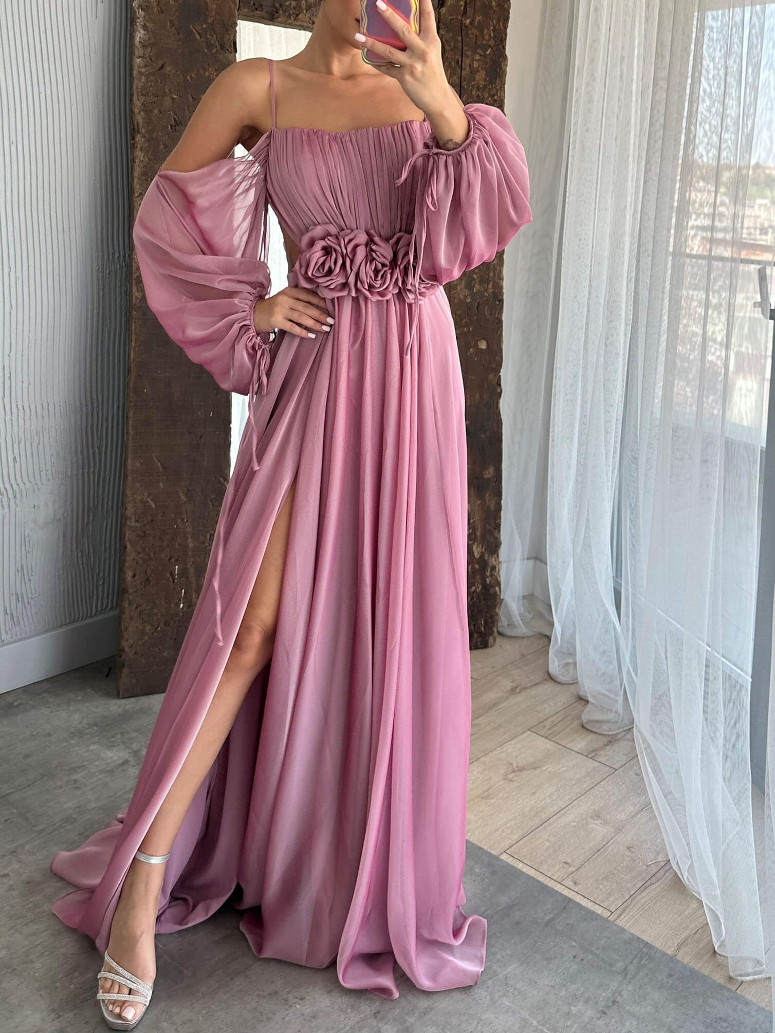 Drawstring Puff Sleeve Dress With Floral Detailing