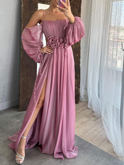 Drawstring Puff Sleeve Dress With Floral Detailing