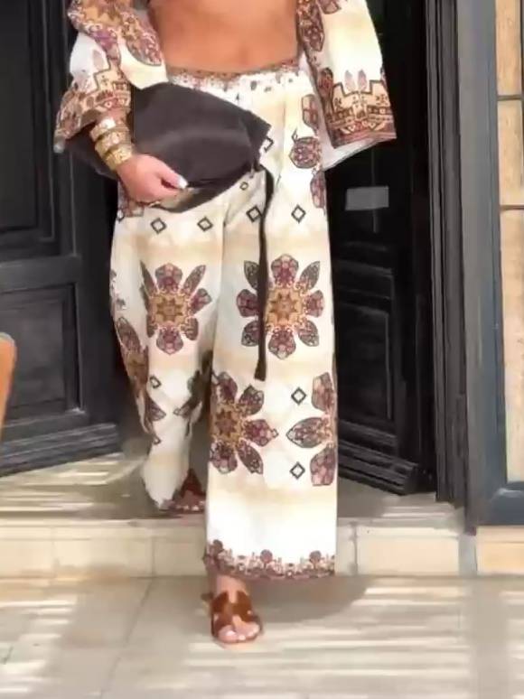 Unique Print Shirt And Wide Leg Pants Suit-Pants