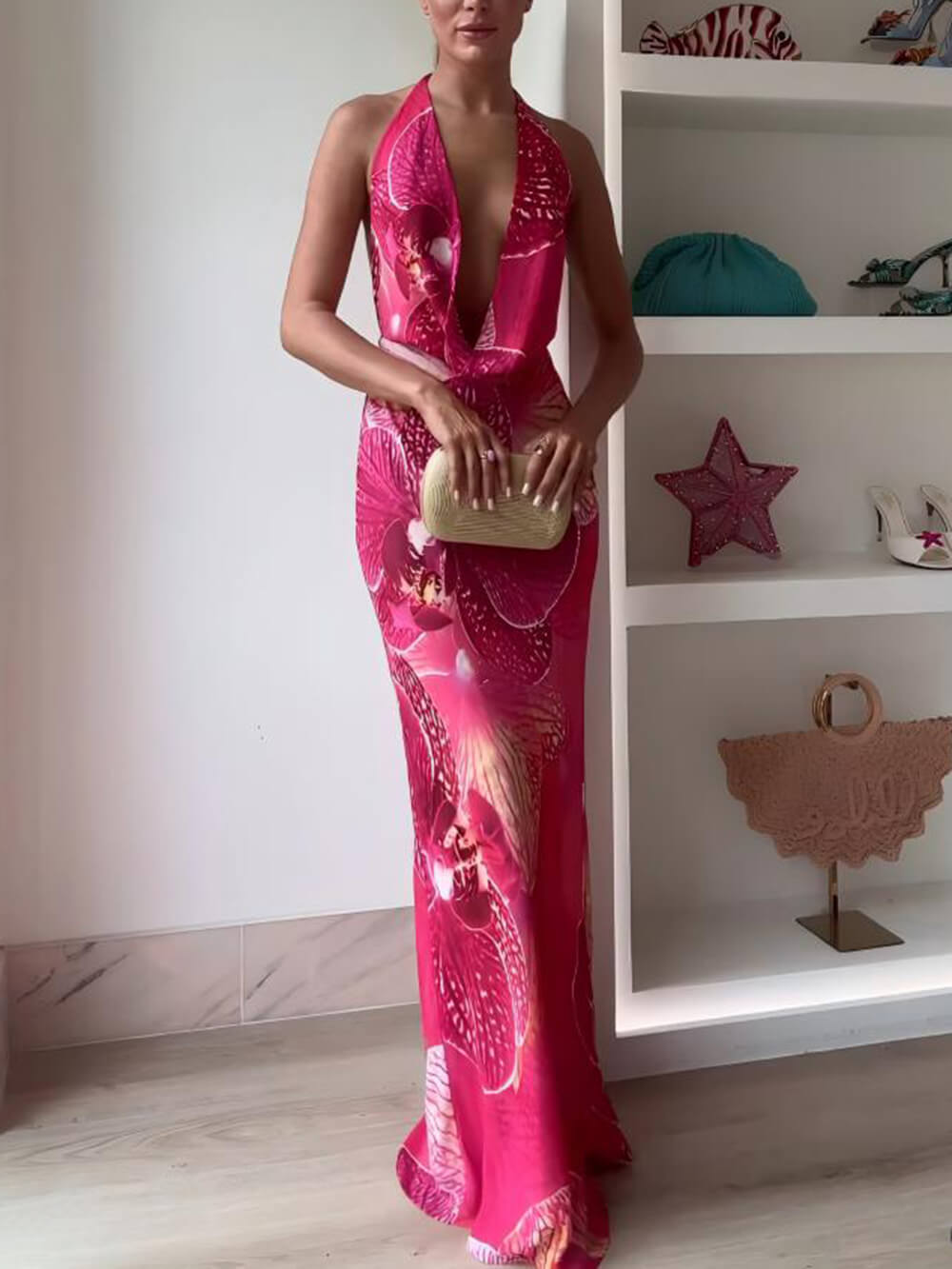 Striking & Seductive: Printed Halter Backless Maxi Dress