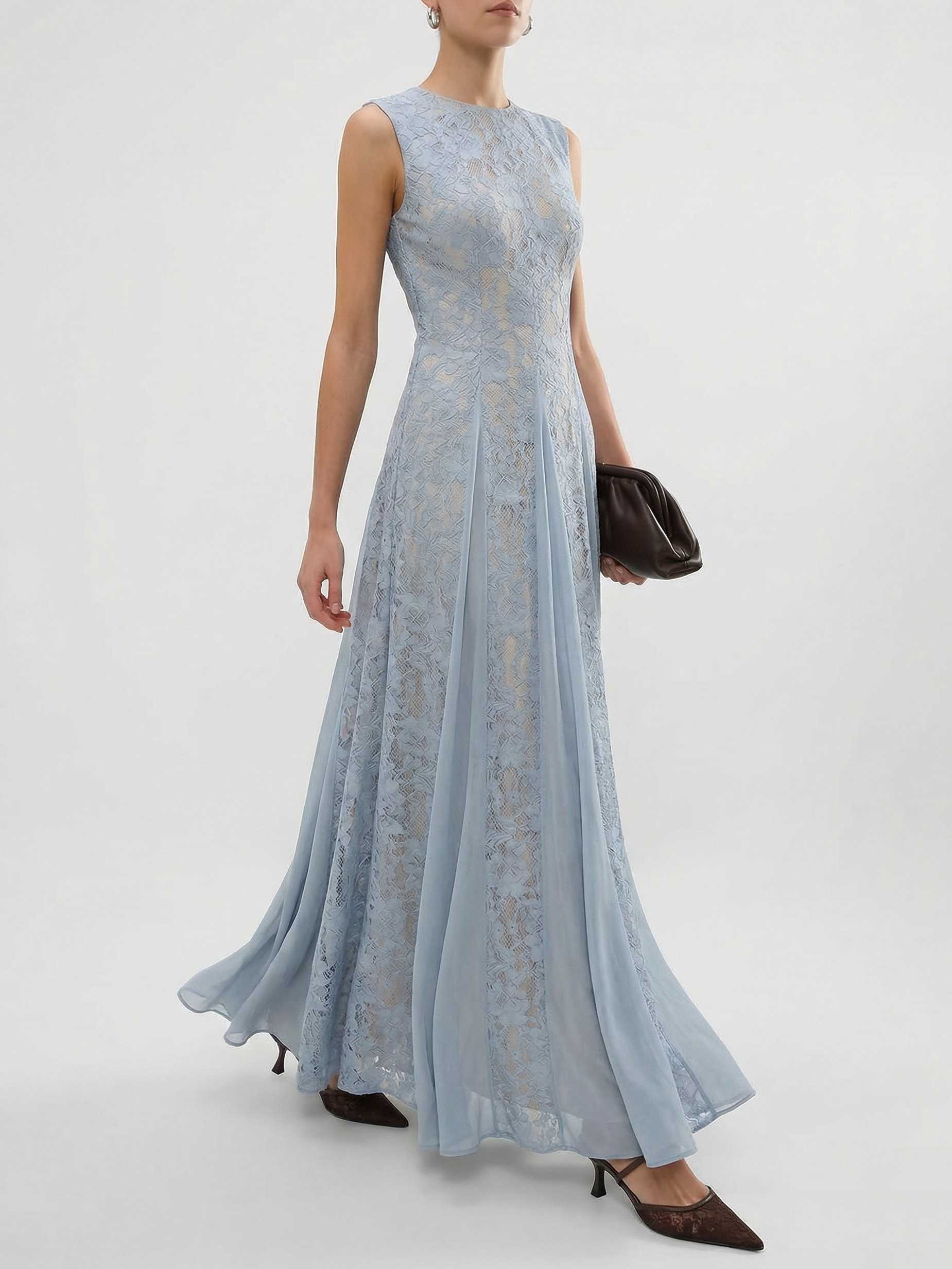Elegant High Neck Lace Panel Maxi Dress
