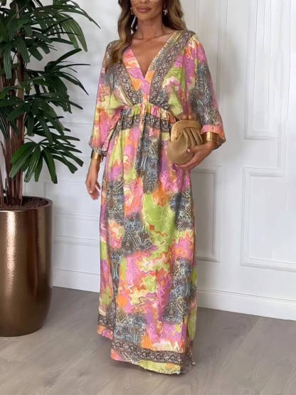 Summer Bold Floral Print Elastic Waist Backless Slit Casual Maxi Dress