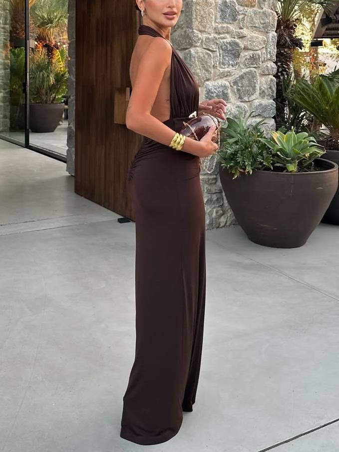 Deep V-Neck Backless Pleated Maxi Dress