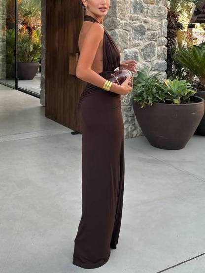 Deep V-Neck Backless Pleated Maxi Dress