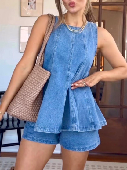 Sleeveless Denim Peplum Top And Shorts Two-Piece Set