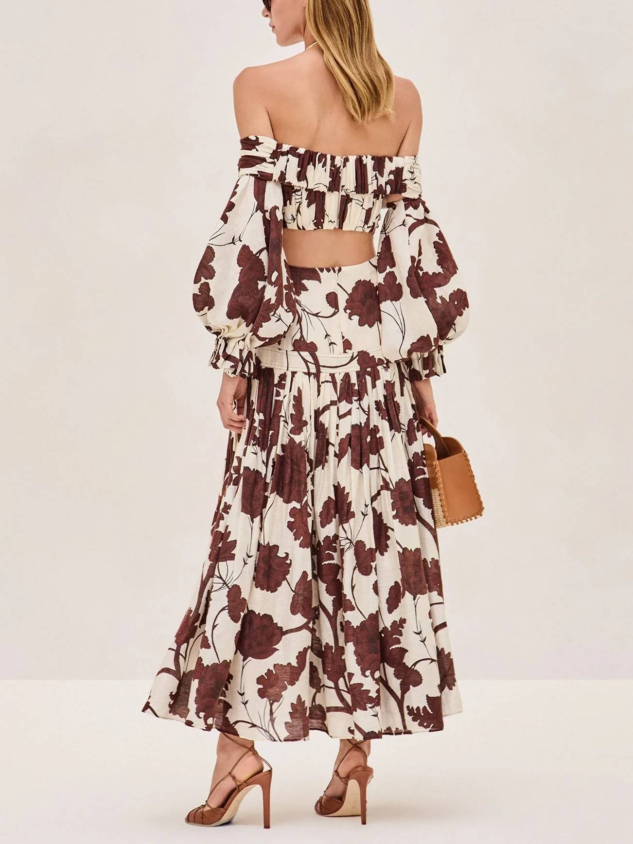 Printed Off-shoulder Top And Skirt Suit