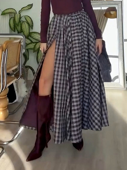 Elegant Plaid High-Slit Maxi Skirt