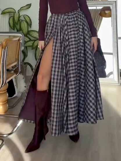 Elegant Plaid High-Slit Maxi Skirt