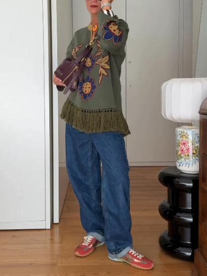 Casual Symmetrical Pattern Fringed Sweater