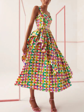 Rainbow Color Check Print Suspender Dress