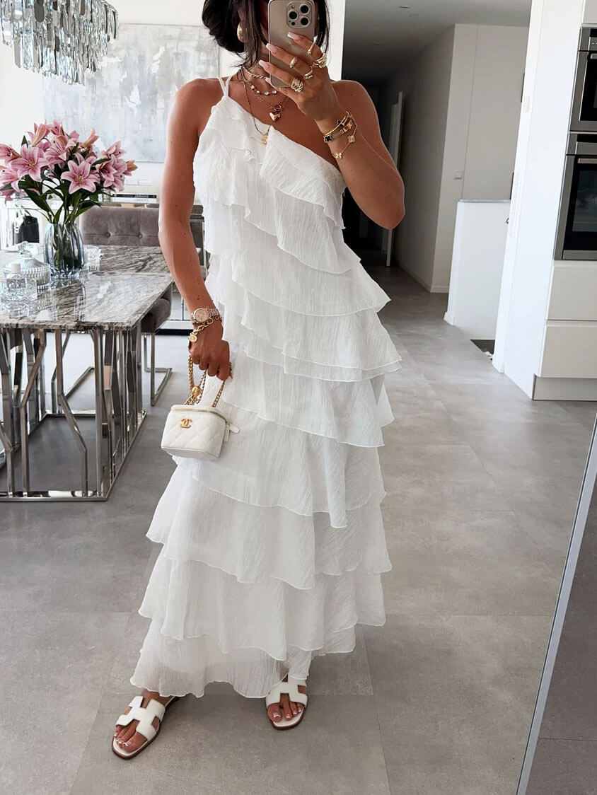One-Shoulder Flowing Ruffle Dress
