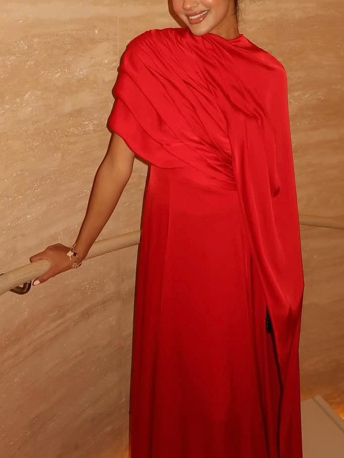 Asymmetrical Pleated Ribbon Maxi Dress