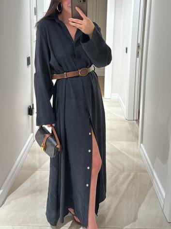 Lapel Loose Shirt Dress（Belt not included）