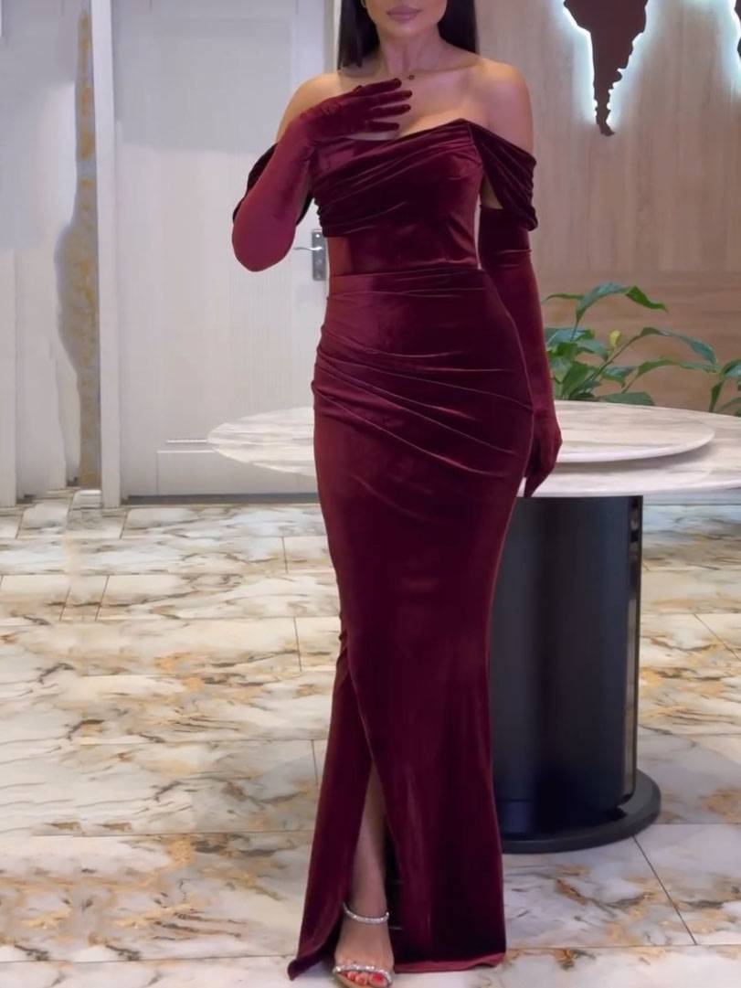Velvet Off-Shoulder Pleated Slit Maxi Dress