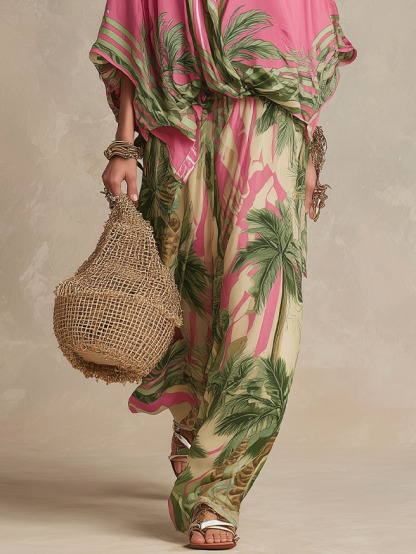 Bohemian Tropical Print High-Waist Wide-Leg Pants