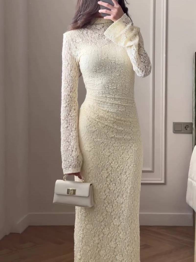 Lace Pleated Long Sleeve Maxi Dress