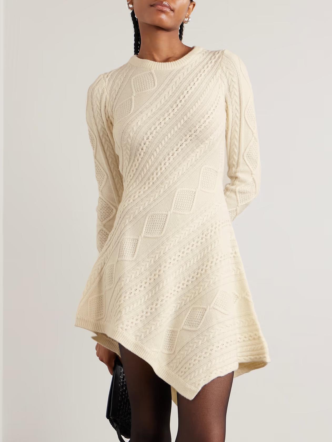 Casual Asymmetrical Cable Knit Sweater Mini Dress