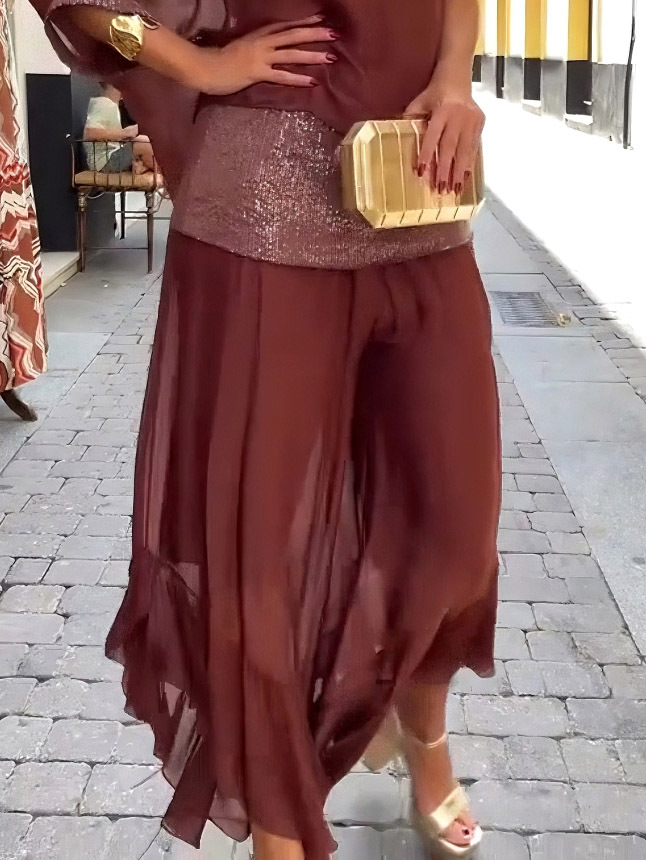 Elegant See-through Sequined Wide-leg Chiffon Pants