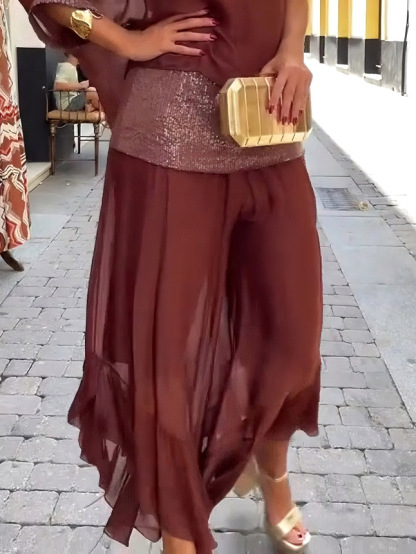 Elegant See-through Sequined Wide-leg Chiffon Pants