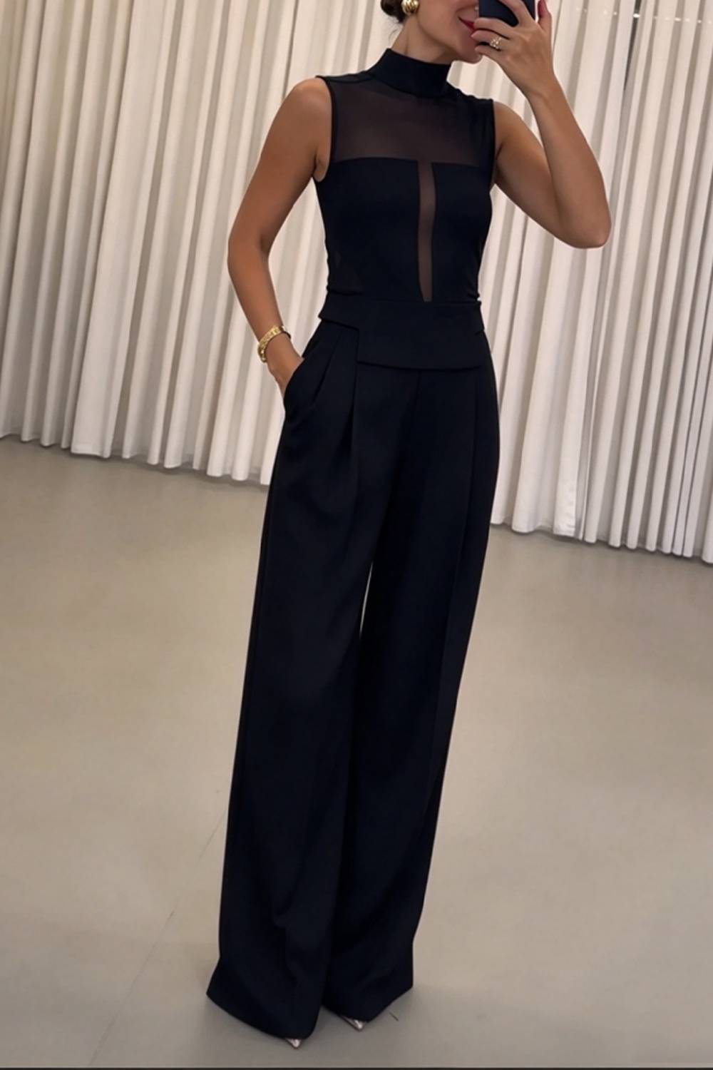 Mock Neck Mesh Sleeveless Top & High Waist Wide Leg Pants Two Piece Set