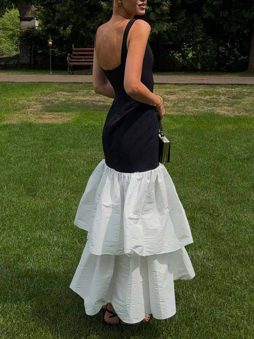 Color Contrast Square Collar Sling Double-Layer Ruffled Maxi Dress