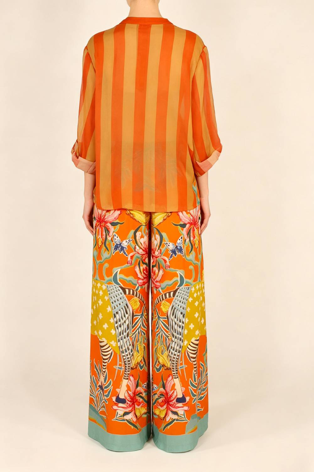Stripe Button‑Front Shirt & Zebra Floral Print Wide‑Leg Pants Two‑Piece Set