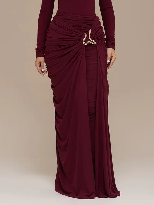 Elegant Draped Pleated High-Slit Maxi Skirt