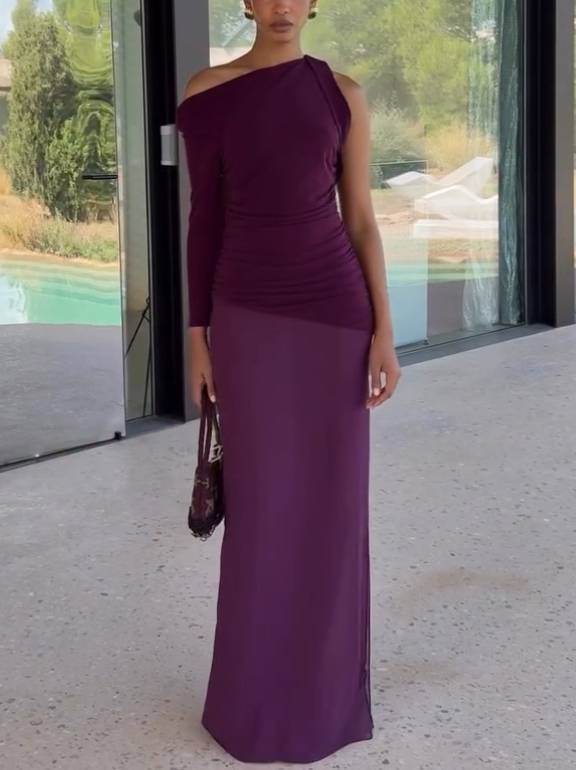 Single-sleeve Asymmetric Design Side Slit Maxi Dress
