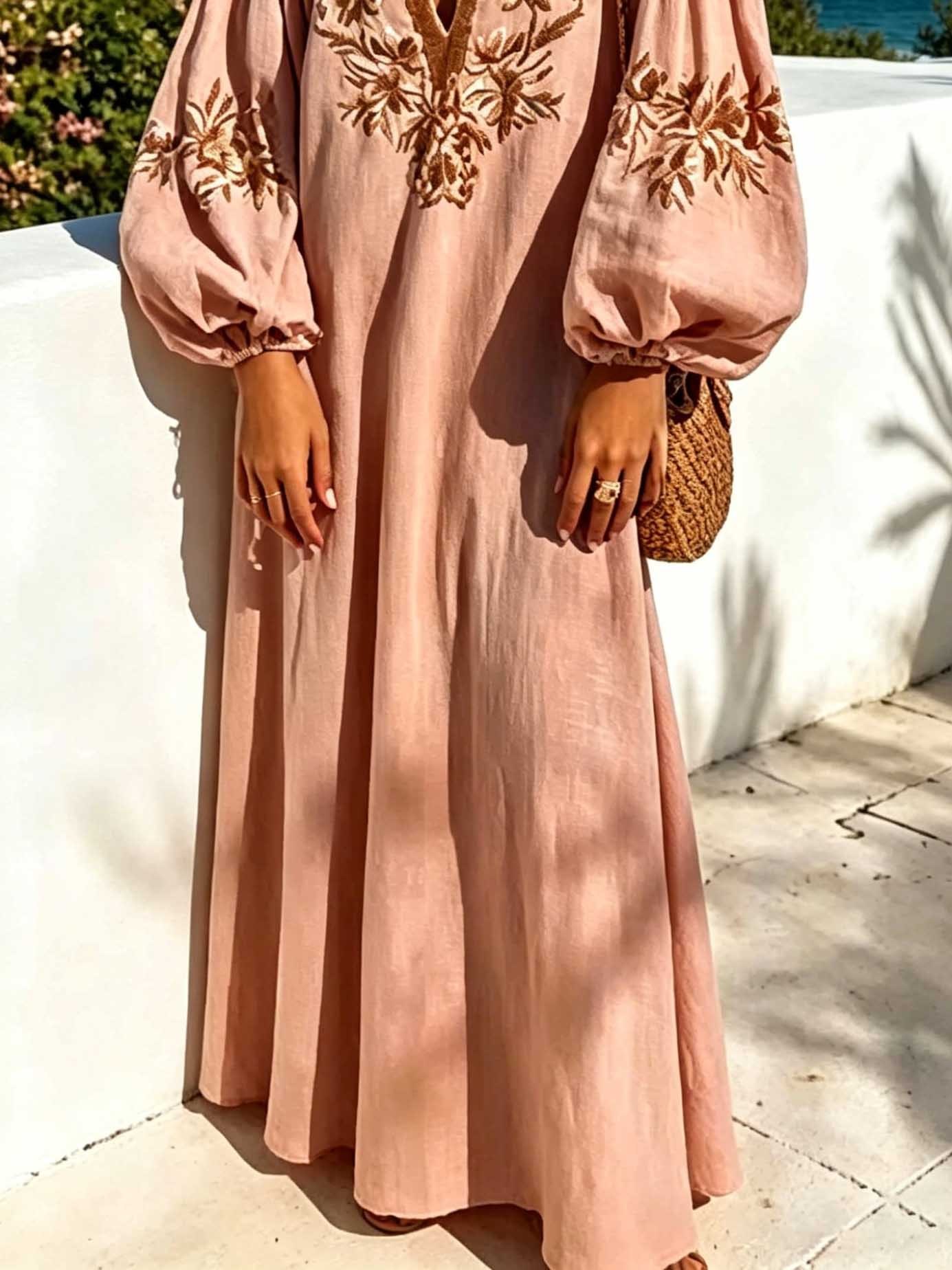 Casual Floral Embroidered Deep V Neck Puff Sleeve Maxi Dress