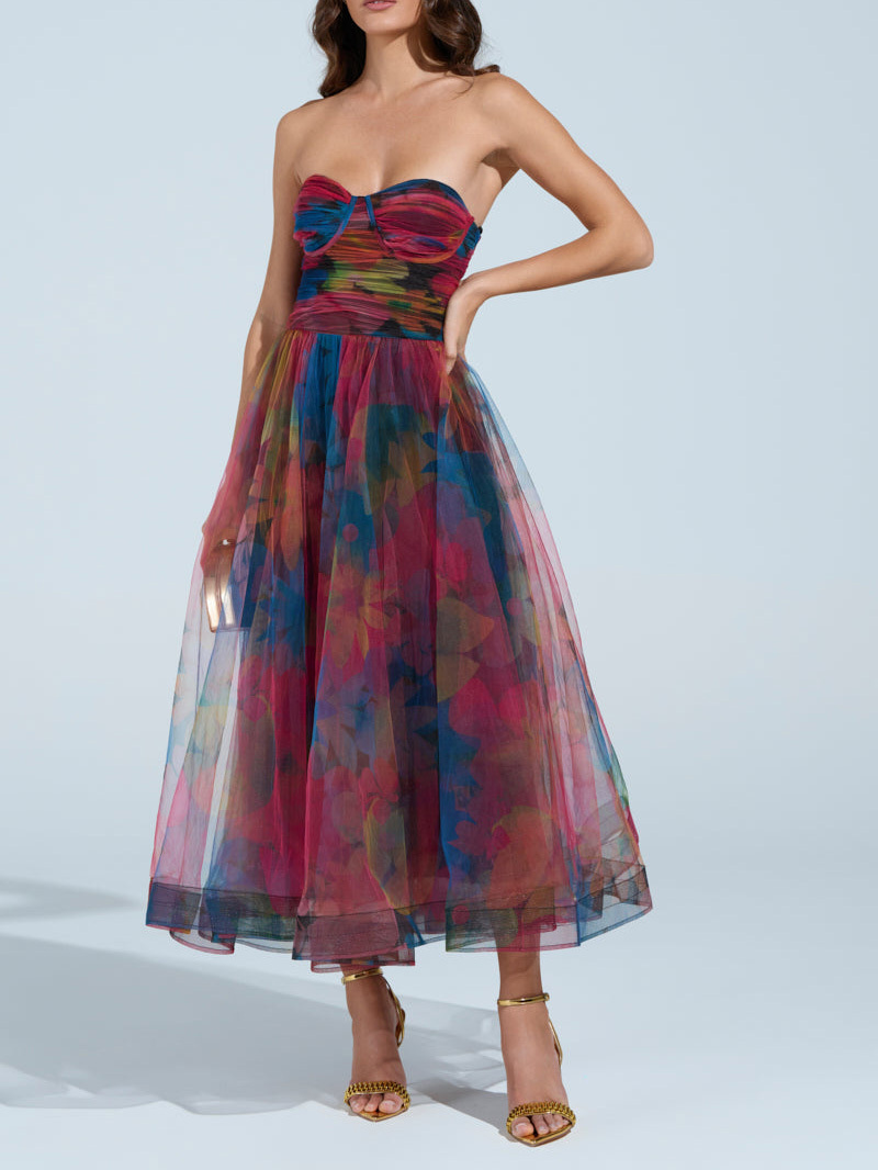 Elegant Fantasy Tulle Floral Print Midi Dress
