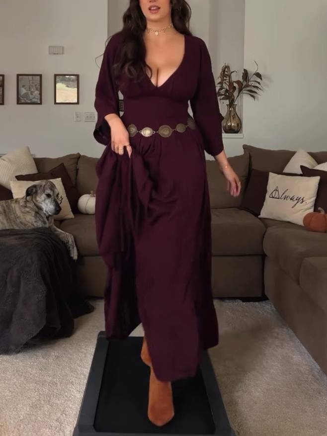 Vacation Style V-neck A- Line Maxi Dress (Belt Not Included)