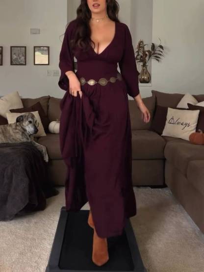 Vacation Style V-neck A- Line Maxi Dress (Belt Not Included)