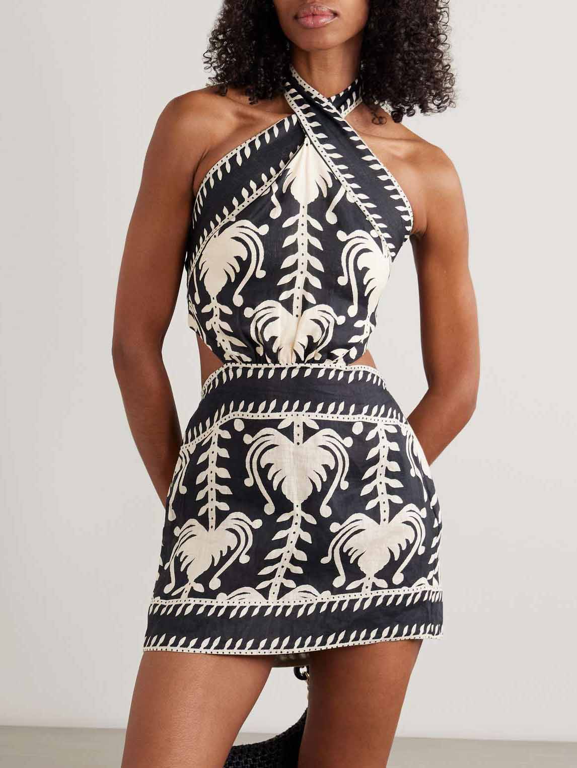 Retro Palm Leaf Print Backless Mini Dress